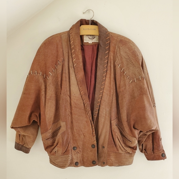 90s Vintage Patchwork Brown Leather Bomber Jacket with Grandpa Collar - Picture 1 of 9